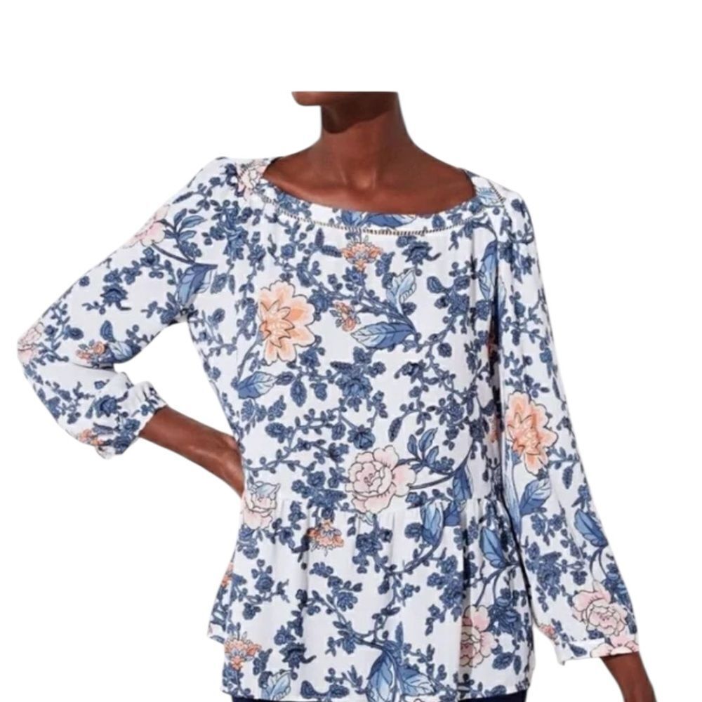 LOFT Floral Neck Details Blouse in white Sheer Floral Print L Navy and Peach